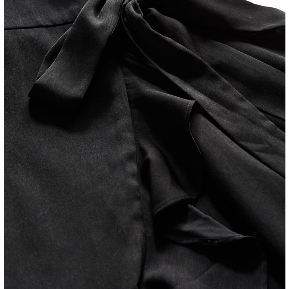 Elegant Black Matte Satin Flowing Ruffle Hem Balloon Sleeve True Wrap Dress - Picture 7 of 8